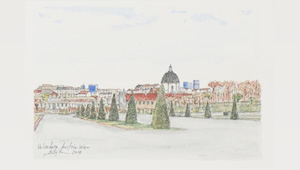 ベルヴェデーレ宮殿の裏側の庭園の水彩画