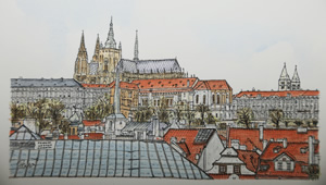 プラハ城をカレル橋より描いた水彩画