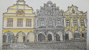テルチの個性的に装飾されている建物の水彩画