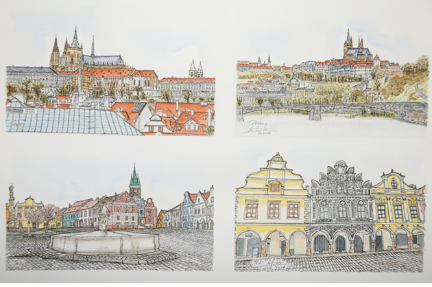 チェコ共和国の水彩画　世界遺産 チェコ・プラハ城とテルチ