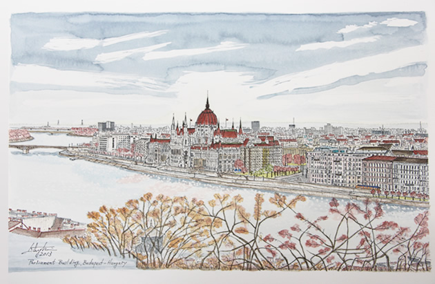 ブダペスト歴史地区の水彩画